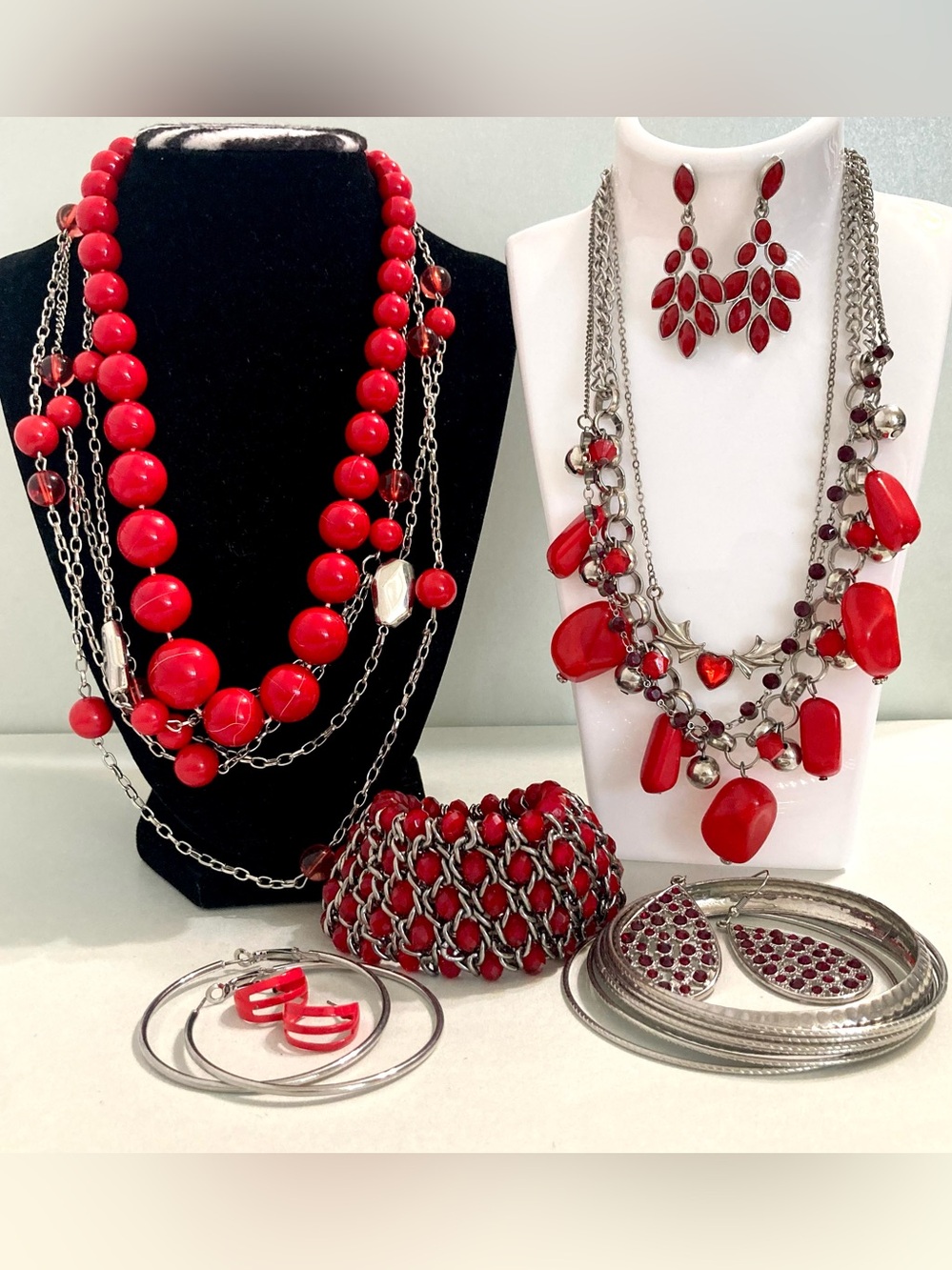Red Statement jewelry set 5 Necklaces 8 bracelets 4 Earrings  bundle of 17